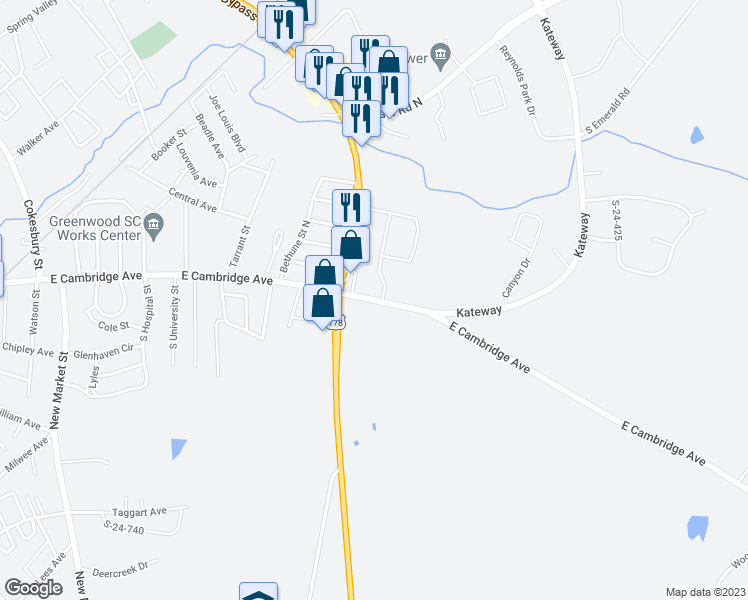 map of restaurants, bars, coffee shops, grocery stores, and more near 1427 East Cambridge Avenue in Greenwood