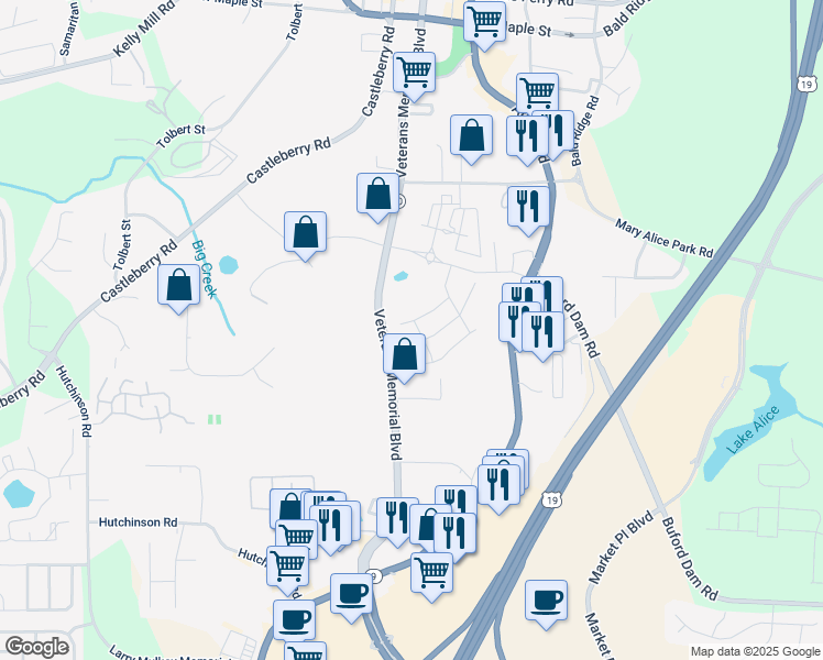 map of restaurants, bars, coffee shops, grocery stores, and more near 157 Basil Street in Cumming