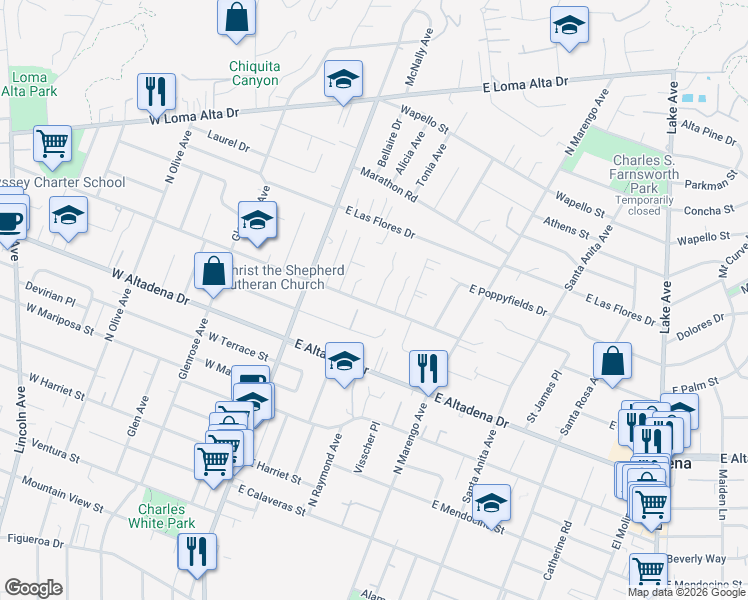 map of restaurants, bars, coffee shops, grocery stores, and more near 3015 Highview Avenue in Altadena