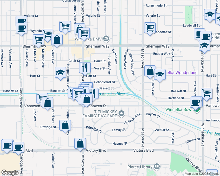 map of restaurants, bars, coffee shops, grocery stores, and more near 20711 Bassett Street in Los Angeles
