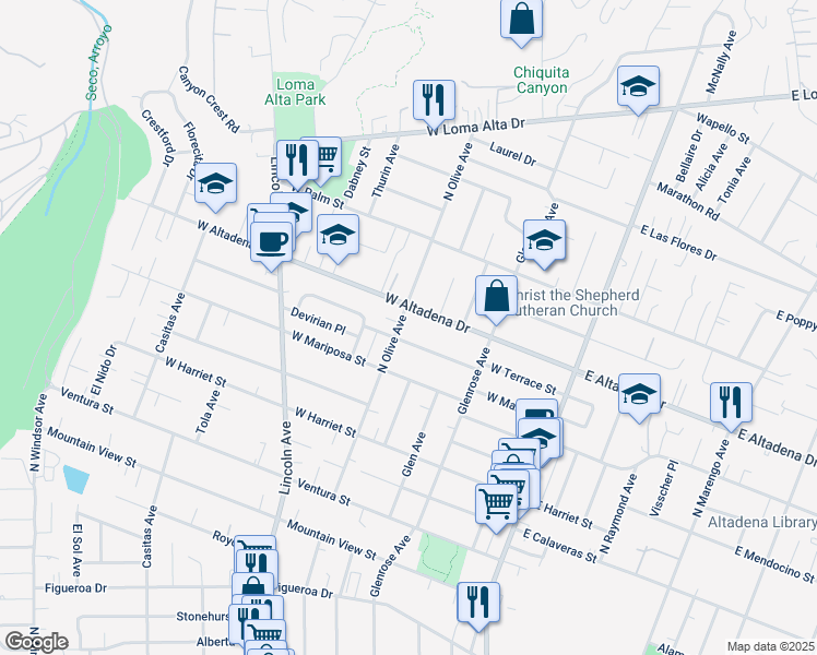 map of restaurants, bars, coffee shops, grocery stores, and more near 289 West Terrace Street in Altadena