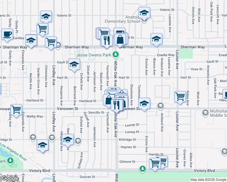 map of restaurants, bars, coffee shops, grocery stores, and more near 6854 Yarmouth Avenue in Los Angeles