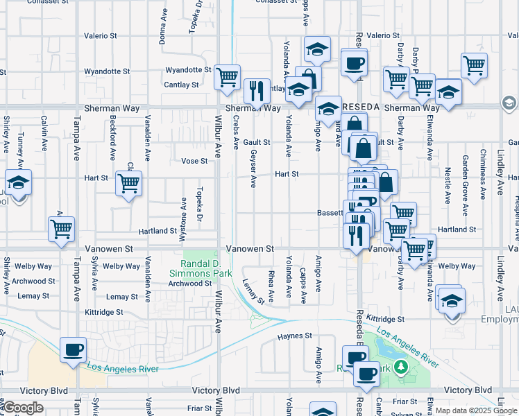 map of restaurants, bars, coffee shops, grocery stores, and more near 6908 Geyser Avenue in Los Angeles