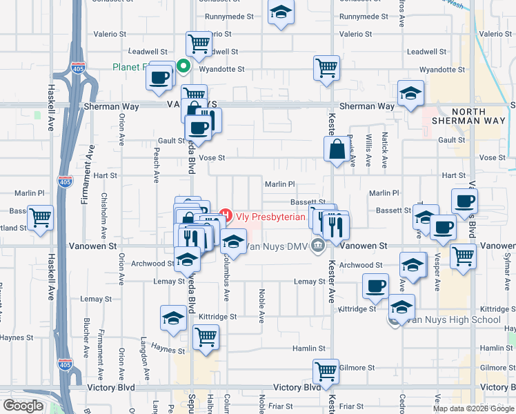 map of restaurants, bars, coffee shops, grocery stores, and more near 6907 Noble Avenue in Los Angeles