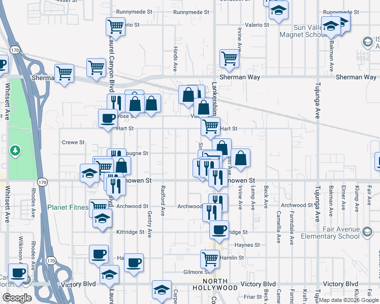 map of restaurants, bars, coffee shops, grocery stores, and more near 6900 Morella Avenue in Los Angeles