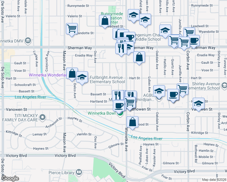 map of restaurants, bars, coffee shops, grocery stores, and more near 20206 Bassett Street in Los Angeles