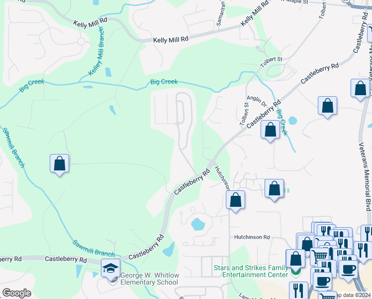 map of restaurants, bars, coffee shops, grocery stores, and more near 3310 Castleberry Village Circle in Cumming