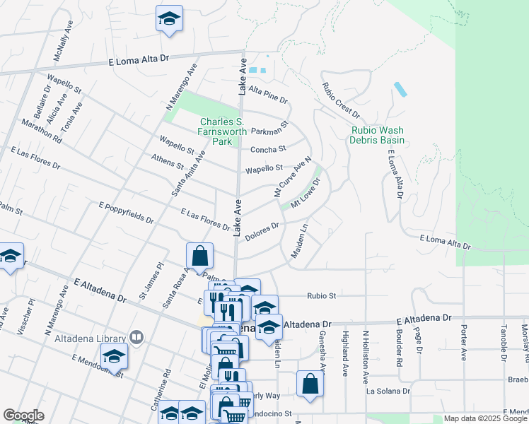 map of restaurants, bars, coffee shops, grocery stores, and more near 972 Alta Vista Drive in Altadena