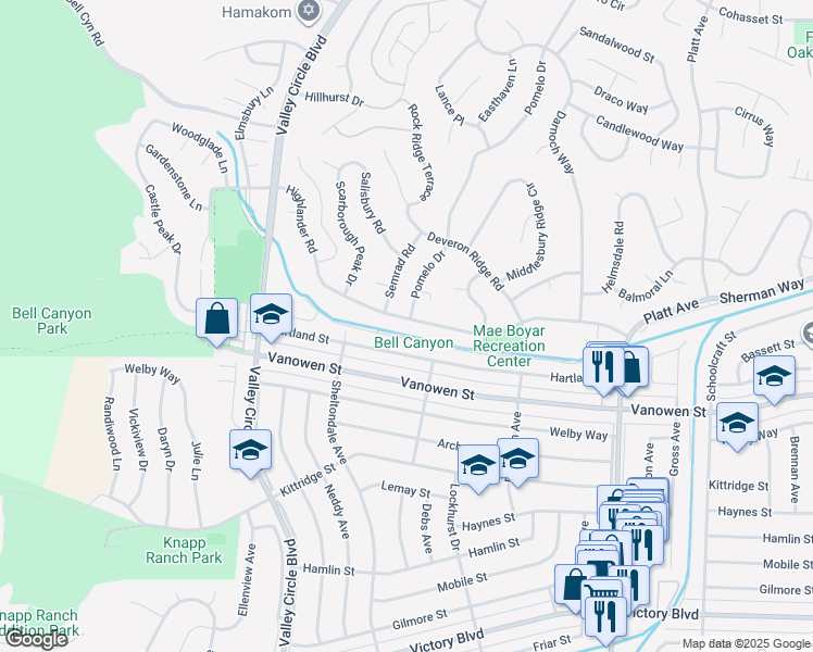 map of restaurants, bars, coffee shops, grocery stores, and more near 24124 Highlander Road in Los Angeles