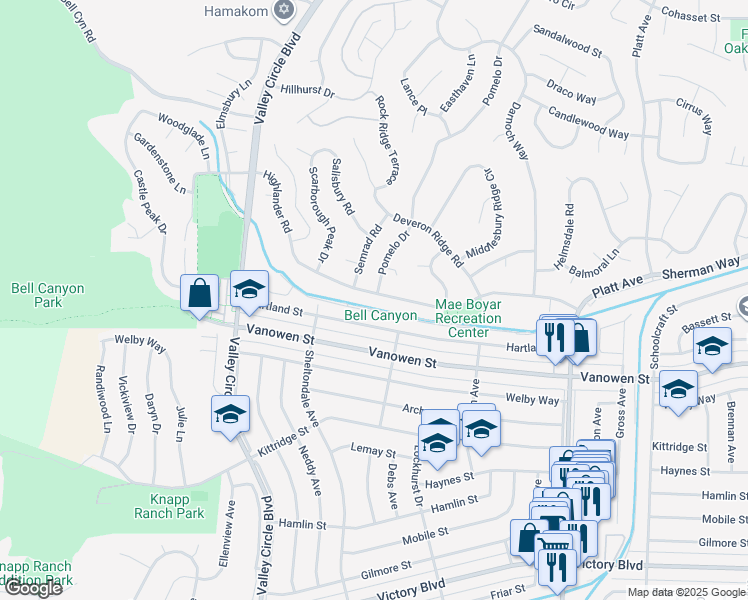 map of restaurants, bars, coffee shops, grocery stores, and more near 24124 Highlander Road in Los Angeles