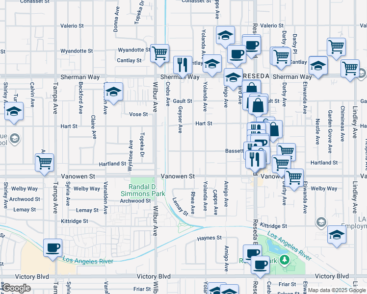 map of restaurants, bars, coffee shops, grocery stores, and more near 6908 Geyser Avenue in Los Angeles