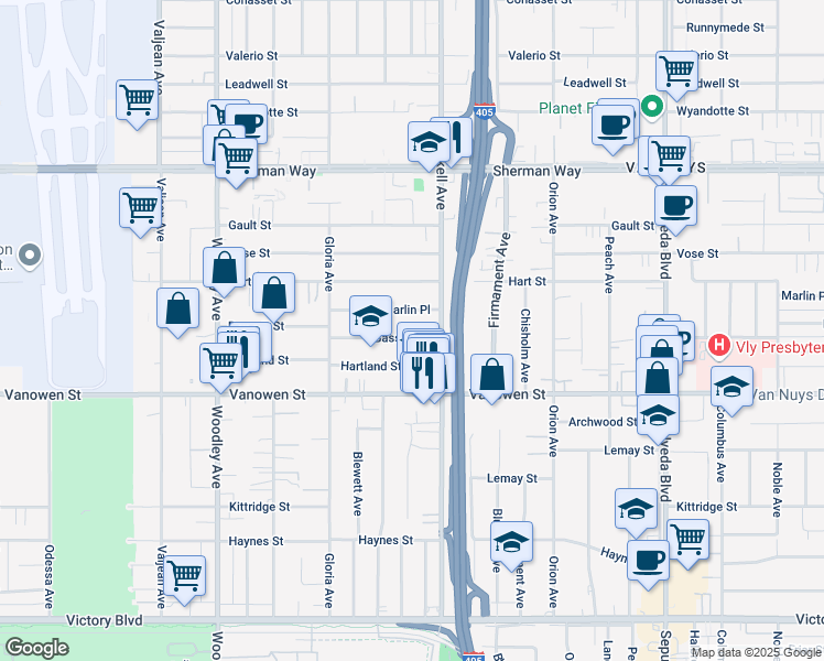 map of restaurants, bars, coffee shops, grocery stores, and more near 15735 Bassett Street in Los Angeles