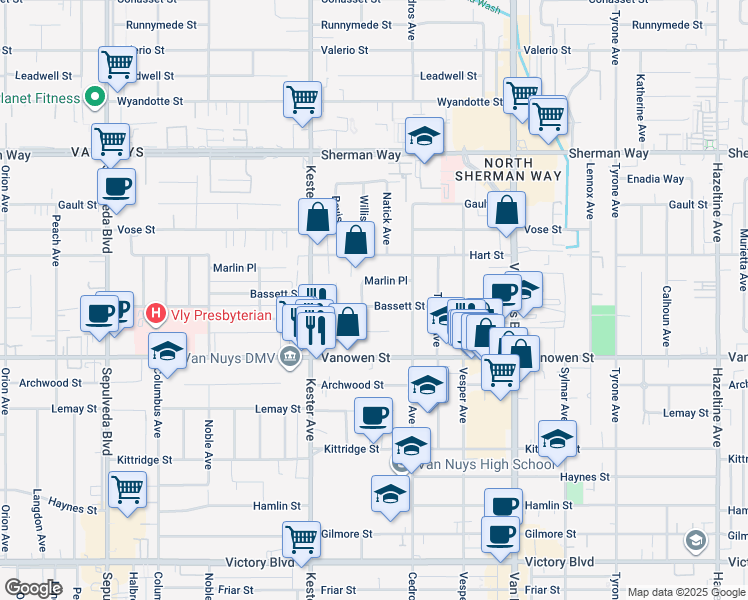 map of restaurants, bars, coffee shops, grocery stores, and more near 14745 Bassett Street in Los Angeles