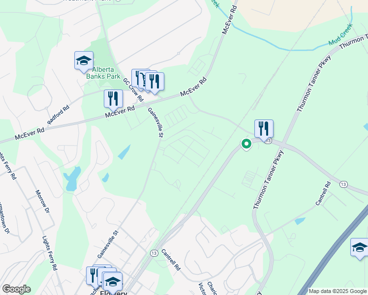 map of restaurants, bars, coffee shops, grocery stores, and more near 5520 Coalie Trace in Flowery Branch