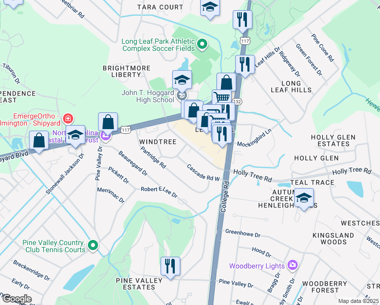 map of restaurants, bars, coffee shops, grocery stores, and more near 4506 Holly Tree Road in Wilmington