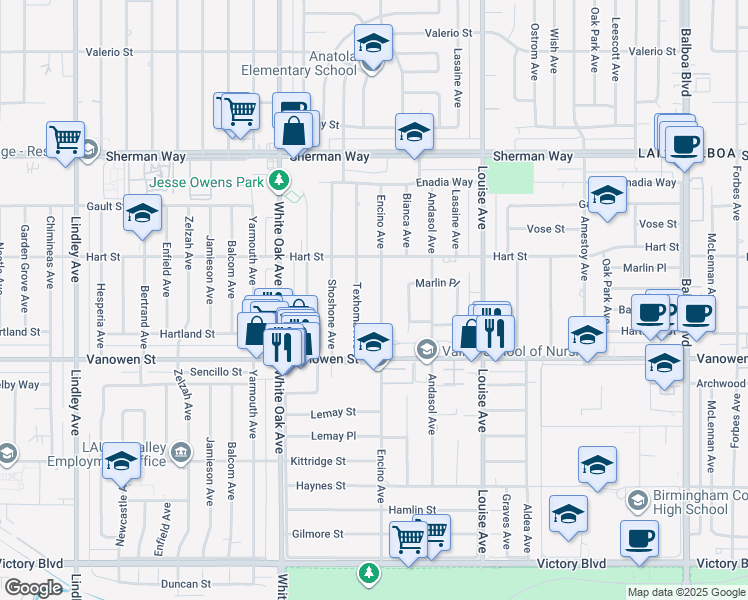 map of restaurants, bars, coffee shops, grocery stores, and more near 6909 Encino Avenue in Los Angeles