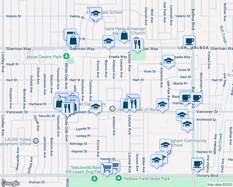 map of restaurants, bars, coffee shops, grocery stores, and more near 6908 Andasol Avenue in Los Angeles