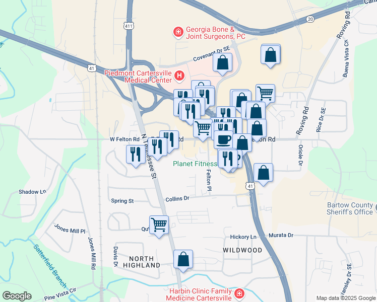 map of restaurants, bars, coffee shops, grocery stores, and more near 123 West Felton Road in Cartersville