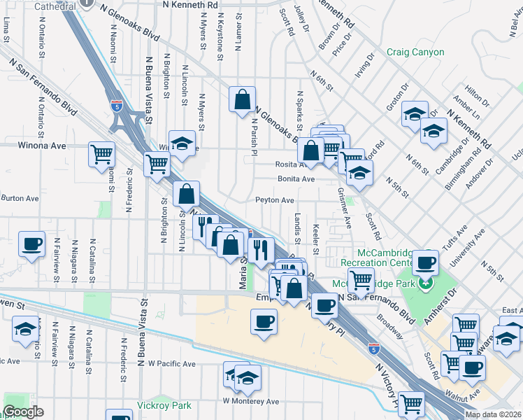 map of restaurants, bars, coffee shops, grocery stores, and more near 1917 Church St in Burbank