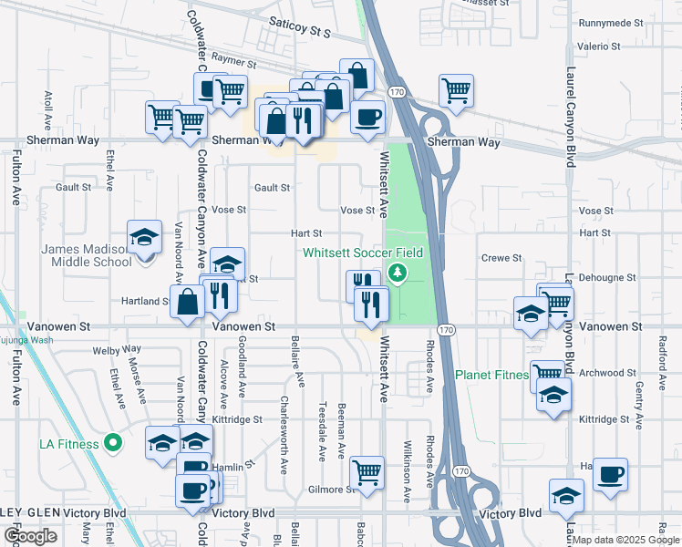 map of restaurants, bars, coffee shops, grocery stores, and more near 6916 Vanscoy Avenue in Los Angeles