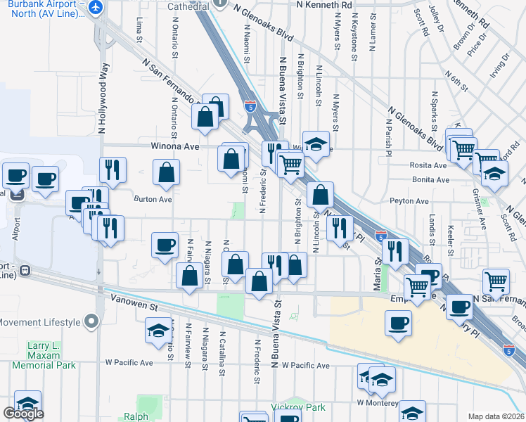 map of restaurants, bars, coffee shops, grocery stores, and more near 2147 North Frederic Street in Burbank