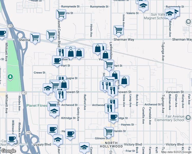 map of restaurants, bars, coffee shops, grocery stores, and more near 6861 Morella Avenue in Los Angeles