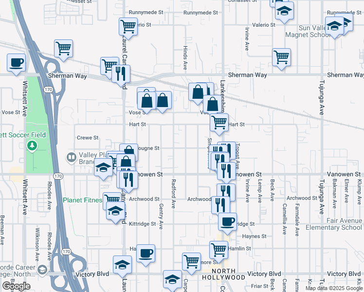 map of restaurants, bars, coffee shops, grocery stores, and more near 6856 Radford Avenue in Los Angeles