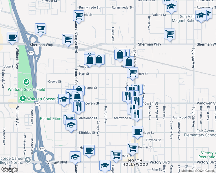 map of restaurants, bars, coffee shops, grocery stores, and more near 6856 Radford Avenue in Los Angeles