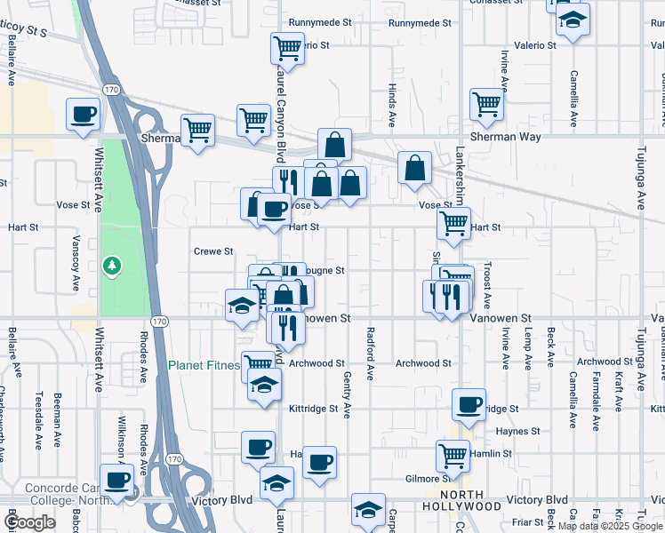 map of restaurants, bars, coffee shops, grocery stores, and more near 6853 Gentry Avenue in Los Angeles