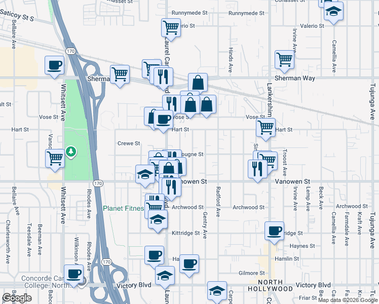 map of restaurants, bars, coffee shops, grocery stores, and more near 6856 Agnes Avenue in Los Angeles