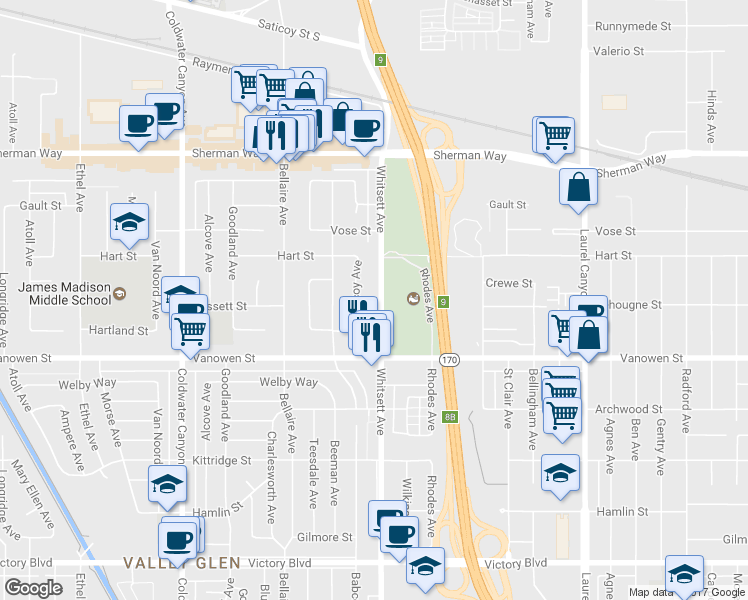 map of restaurants, bars, coffee shops, grocery stores, and more near 6857 Whitsett Avenue in Los Angeles