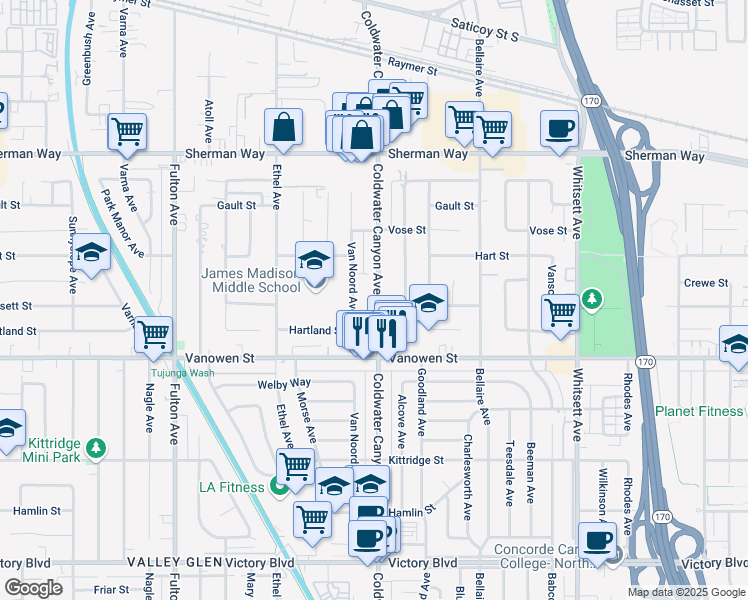 map of restaurants, bars, coffee shops, grocery stores, and more near in Los Angeles