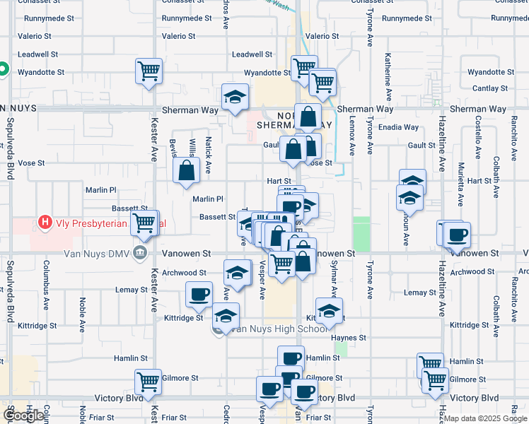 map of restaurants, bars, coffee shops, grocery stores, and more near 14547 Hartland Street in Los Angeles