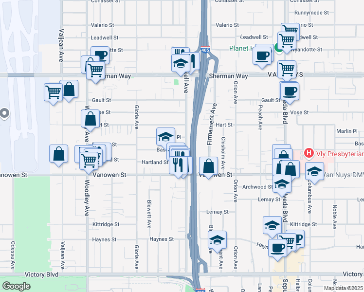 map of restaurants, bars, coffee shops, grocery stores, and more near 15724 Bassett Street in Los Angeles