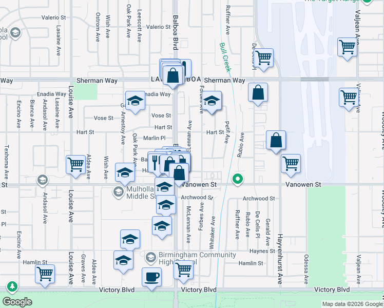 map of restaurants, bars, coffee shops, grocery stores, and more near 6852 McLennan Avenue in Los Angeles