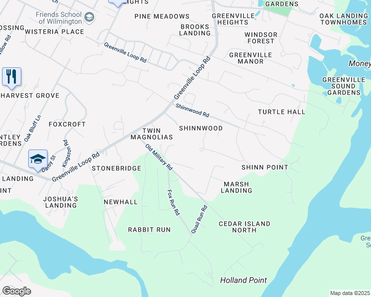map of restaurants, bars, coffee shops, grocery stores, and more near 6304 Marywood Drive in Wilmington