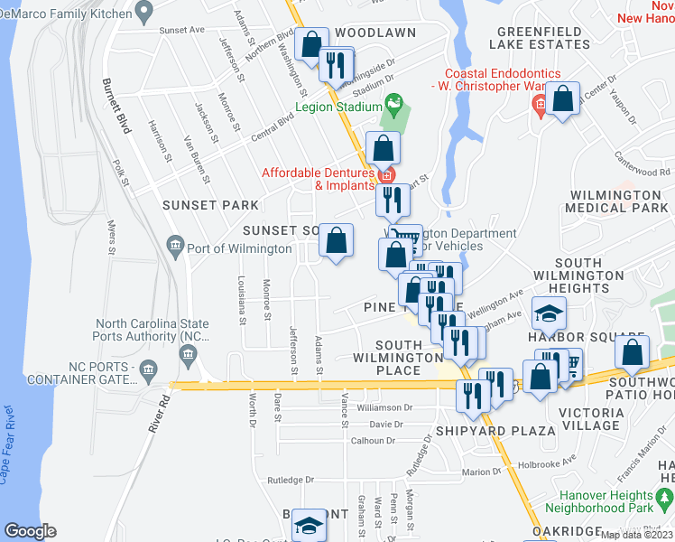 map of restaurants, bars, coffee shops, grocery stores, and more near 2346 Carolina Beach Road in Wilmington