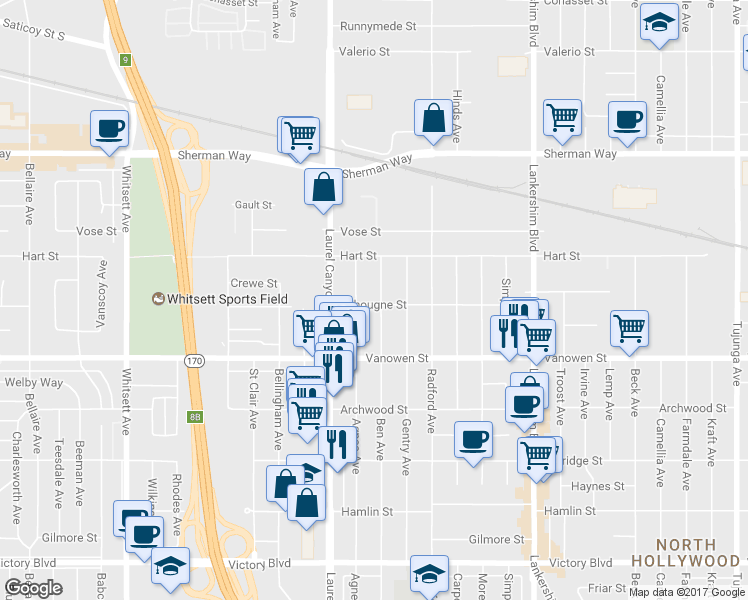 map of restaurants, bars, coffee shops, grocery stores, and more near 6905 Ben Avenue in North Hollywood