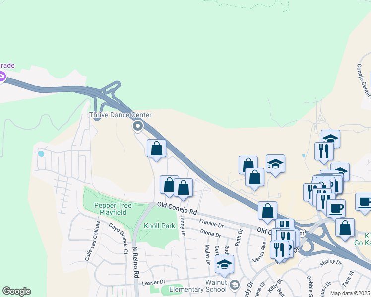 map of restaurants, bars, coffee shops, grocery stores, and more near 3499 Grande Vista Drive in Thousand Oaks