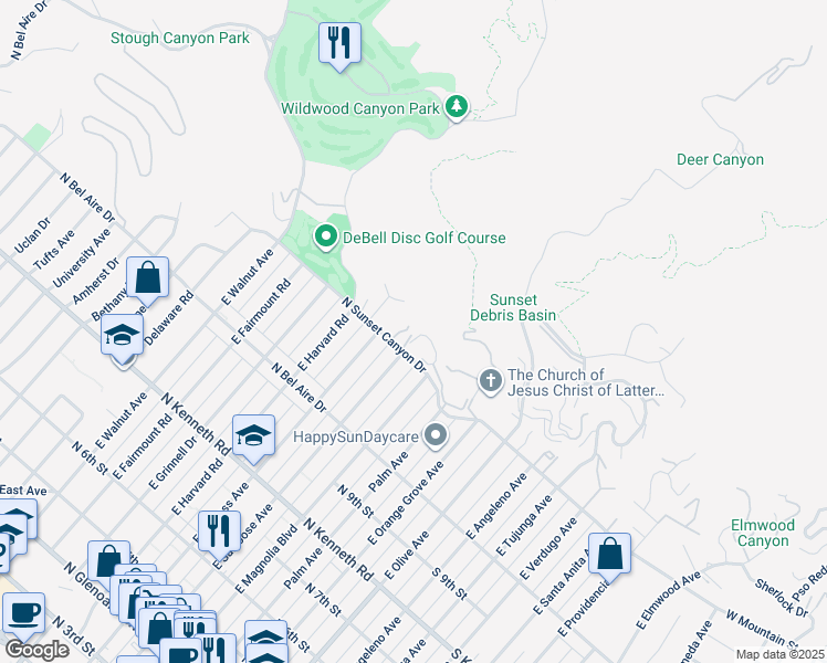 map of restaurants, bars, coffee shops, grocery stores, and more near 500 North Sunset Canyon Drive in Burbank