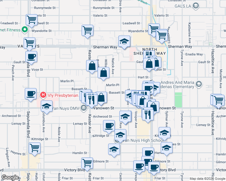 map of restaurants, bars, coffee shops, grocery stores, and more near 14729 Bassett Street in Los Angeles