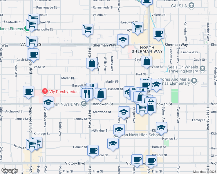 map of restaurants, bars, coffee shops, grocery stores, and more near 14745 Bassett Street in Los Angeles