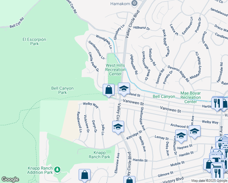 map of restaurants, bars, coffee shops, grocery stores, and more near 24425 Vanowen Street in Los Angeles County