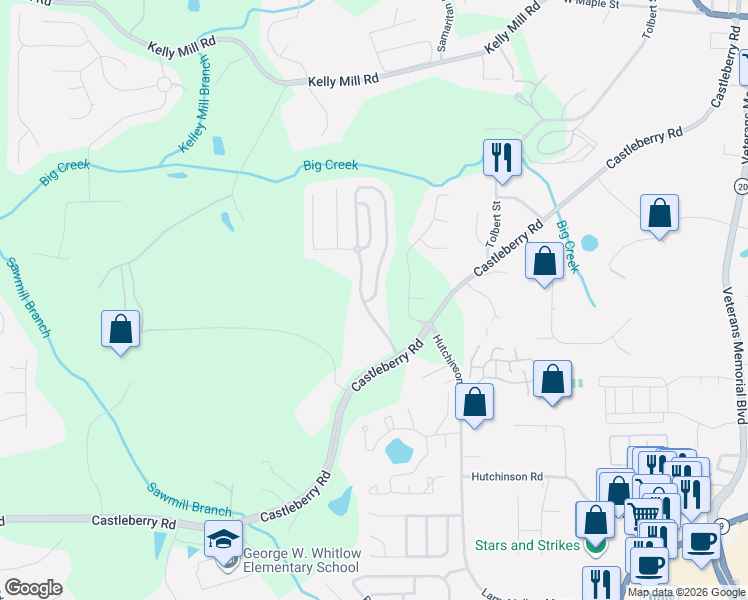 map of restaurants, bars, coffee shops, grocery stores, and more near 3312 Castleberry Village Drive in Cumming