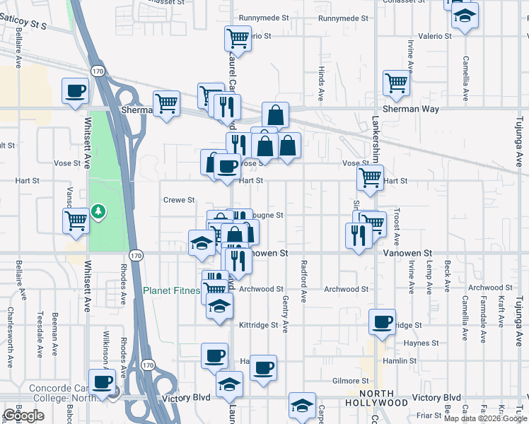map of restaurants, bars, coffee shops, grocery stores, and more near 6856 Agnes Avenue in Los Angeles