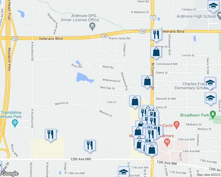 map of restaurants, bars, coffee shops, grocery stores, and more near 1573 Red Oak Drive in Ardmore