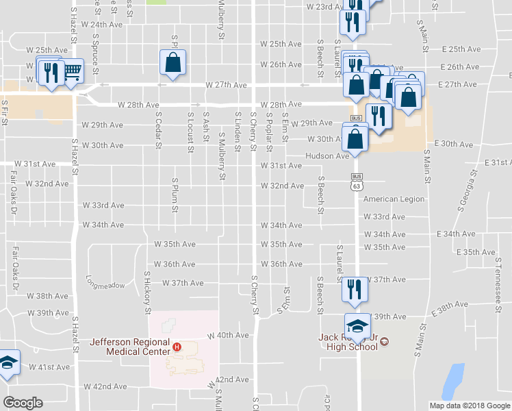 map of restaurants, bars, coffee shops, grocery stores, and more near 3301 South Cherry Street in Pine Bluff