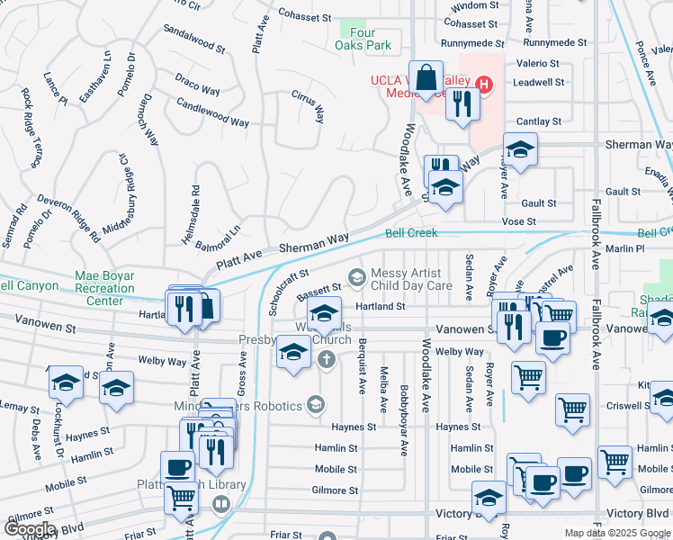 map of restaurants, bars, coffee shops, grocery stores, and more near 23330 Schoolcraft Street in Los Angeles