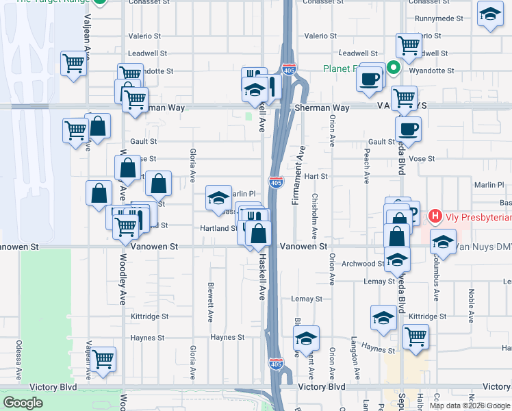 map of restaurants, bars, coffee shops, grocery stores, and more near 6911 Haskell Avenue in Los Angeles