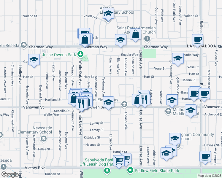 map of restaurants, bars, coffee shops, grocery stores, and more near 6909 Encino Avenue in Los Angeles